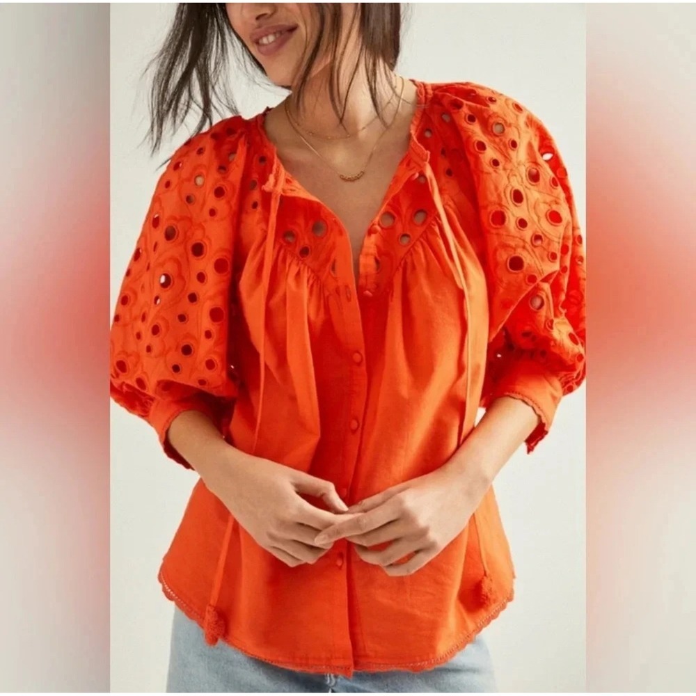 Anthropologie Orange Eyelet Embroidered Peasant Blouse Puff Sleeve Tassel Ties